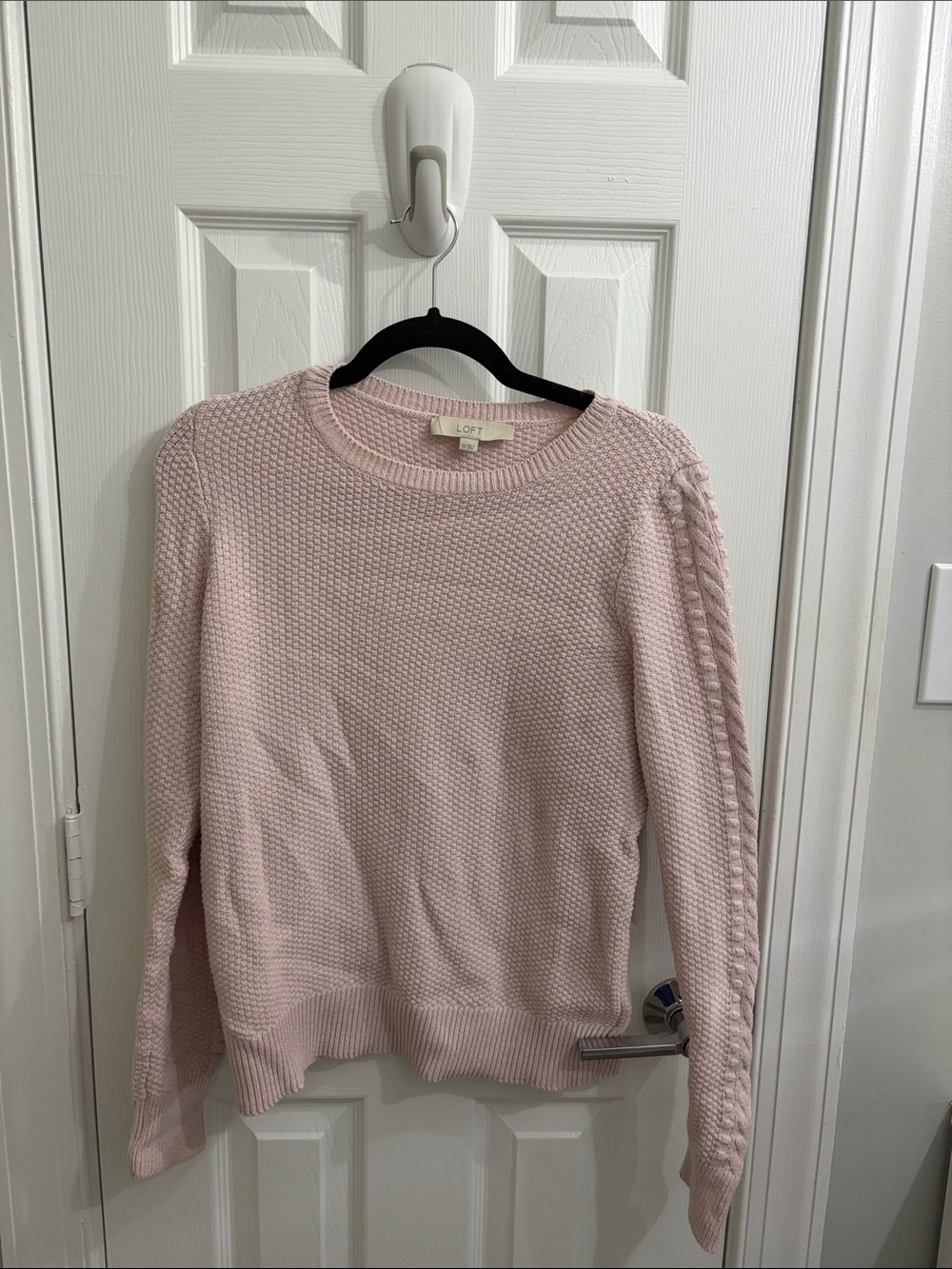 LOFT Blush Pink Textured Crewneck Sweater with Cable Sleeve